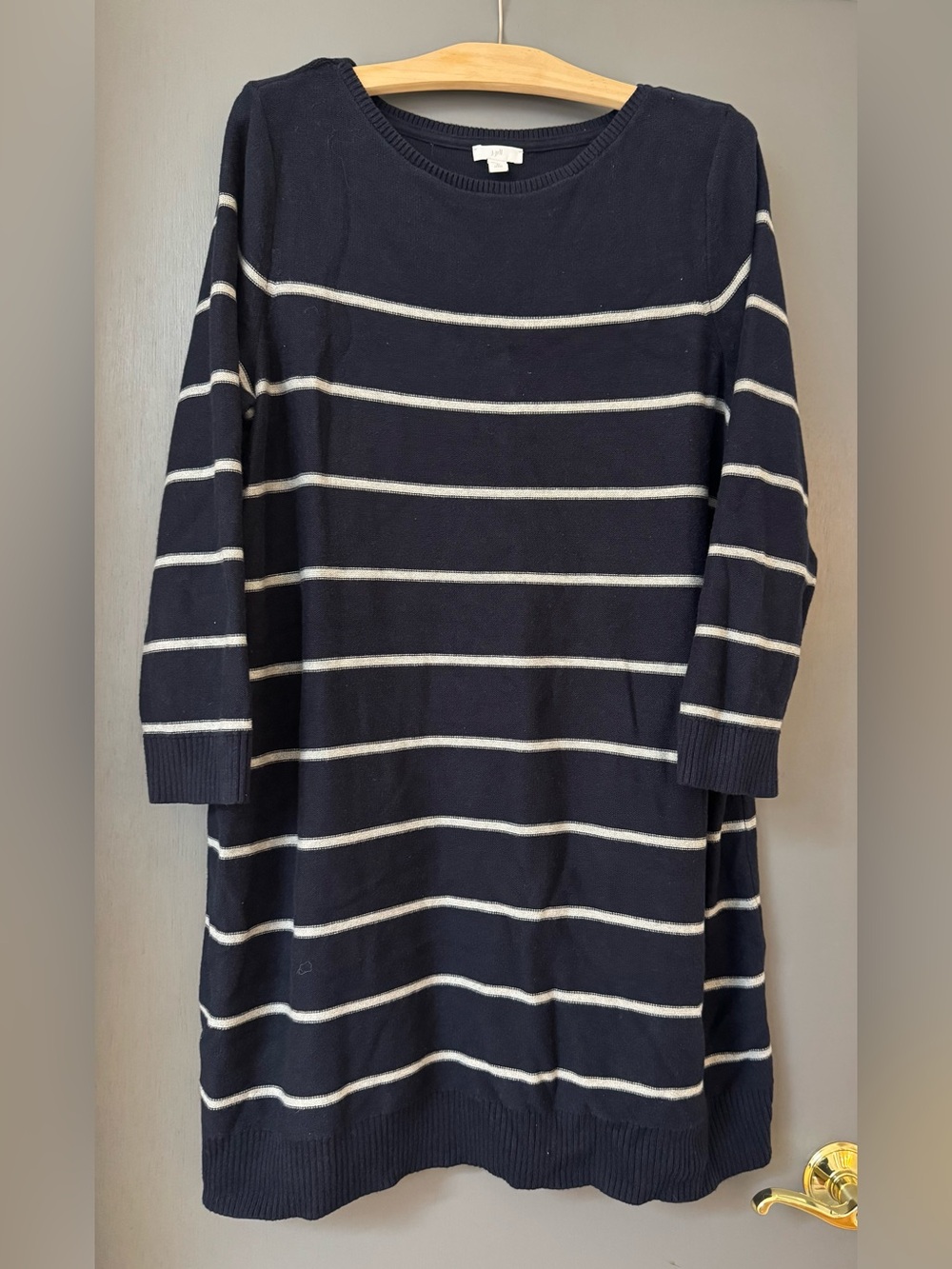 J. Jill Navy Women’s Sz XL Navy and White Striped Cotton Blend Midi Knit Dress.